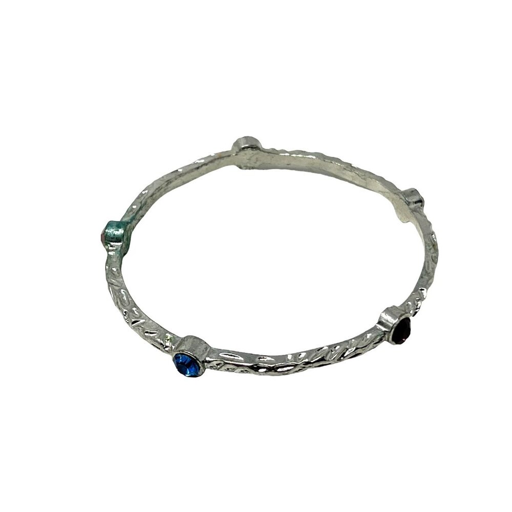 Bangle Silver Tone Multi Color‎ Rhinestone Stations Hammered Texture Bracelet